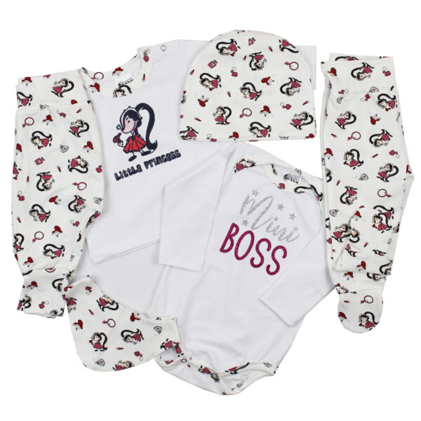 Komplet za bebe Mini Princess, veliki bijeli, gegice+body+slinček+hlačice+majica+kapa 536200LPK