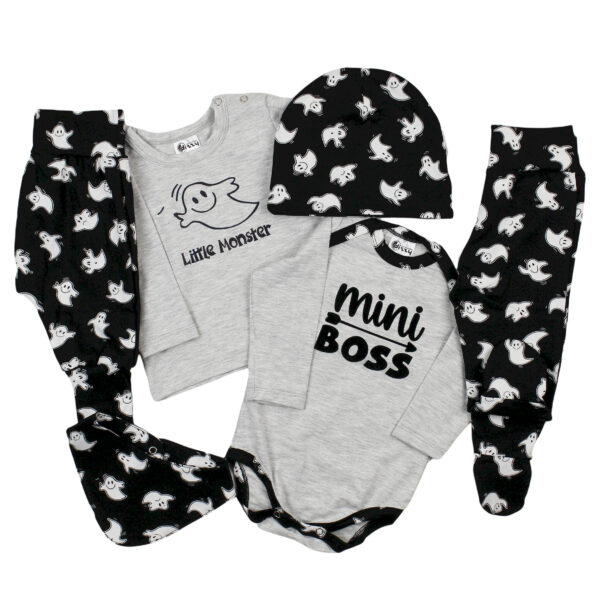Komplet za bebe Mini Monster, veliki sivi, gegice+body+slinček+hlačice+majica+kapa 536200MBK