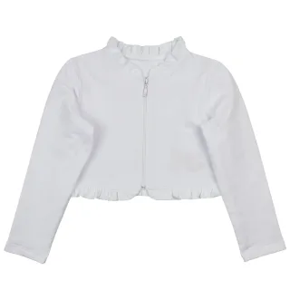 Bolero sa volanima - Klasičan komad 1701100B2 Elegantna bijela bolero jakna s volanima na vratima i dolje. Savršena za formalne prilike, školske događaje ili kombiniranje s haljinama.